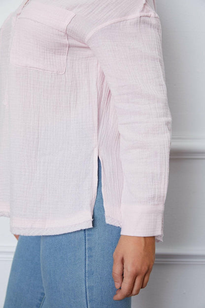 Texture Half Button Raw Hem Top.