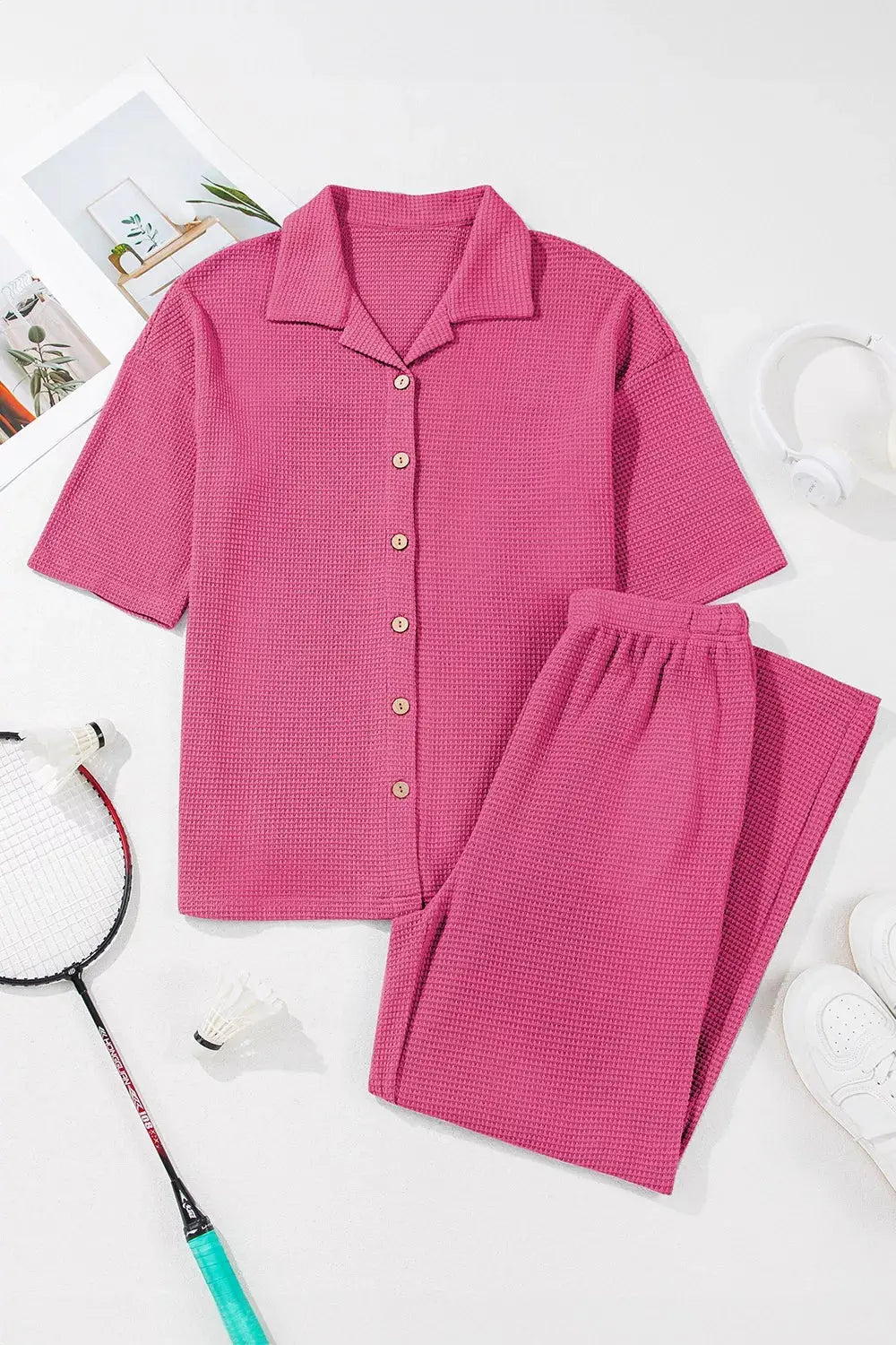 Solid Color Textured Buttoned Shirt and Casual Pants Set Simply Love