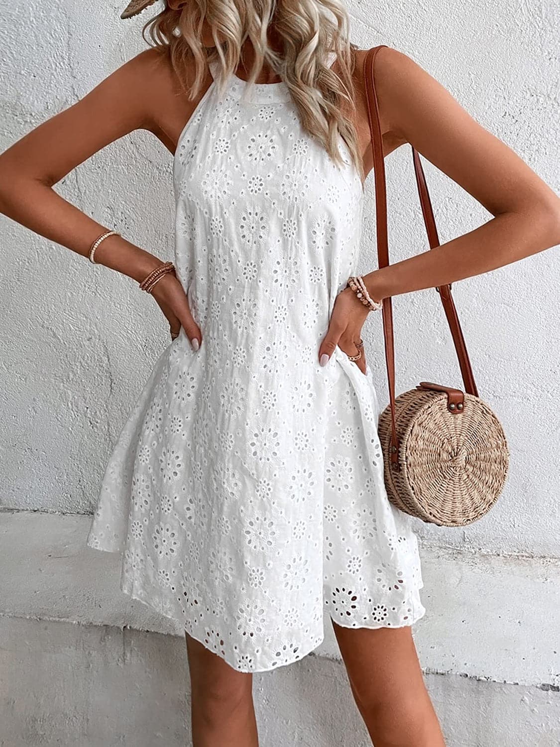 Eyelet Grecian Neck Mini Dress.