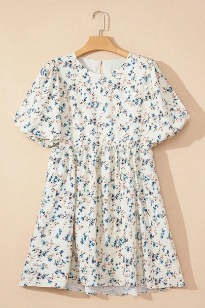 Floral Puff Short Sleeve Empire Waist Mini Dress