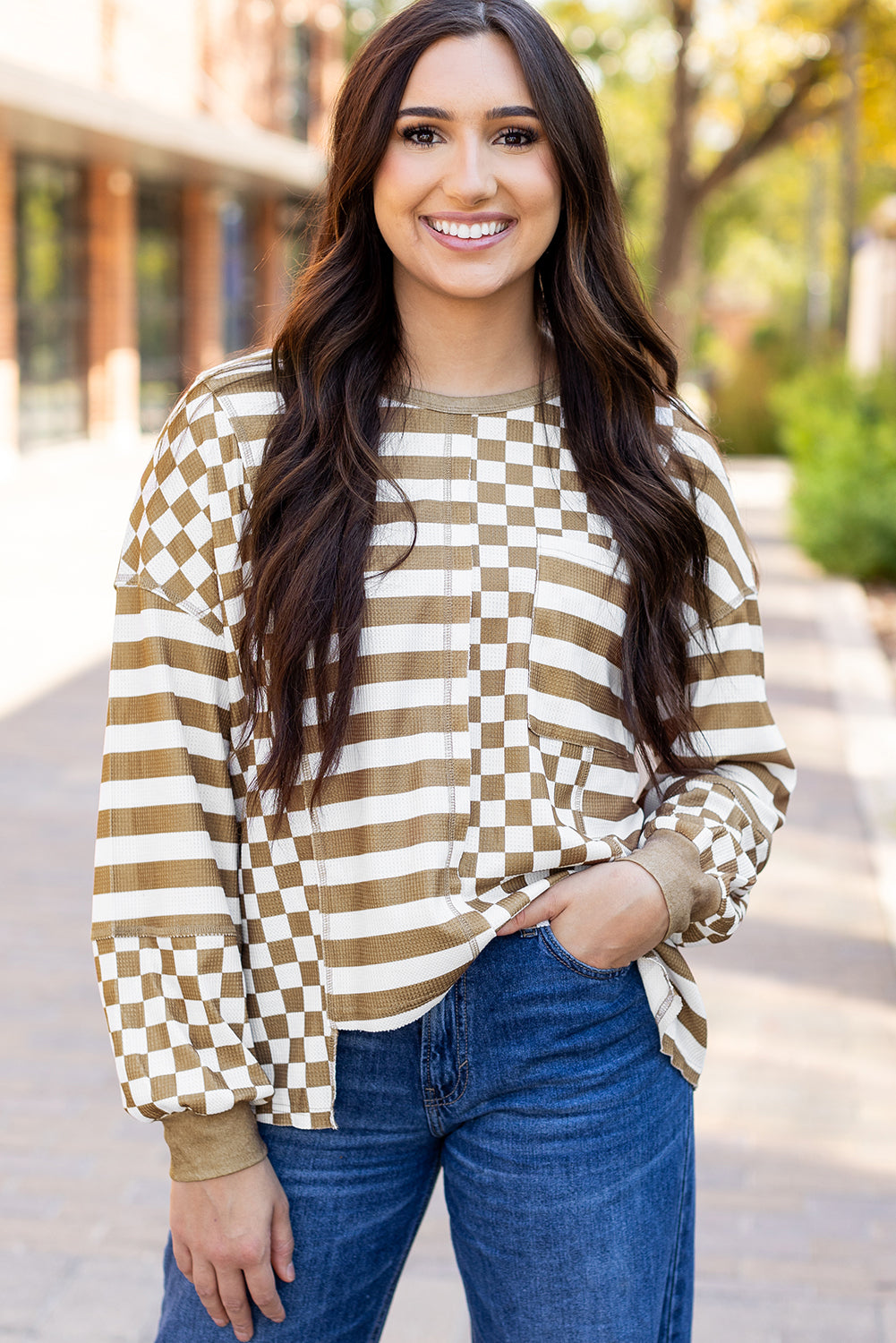 Khaki patchwork blouse with plaid design