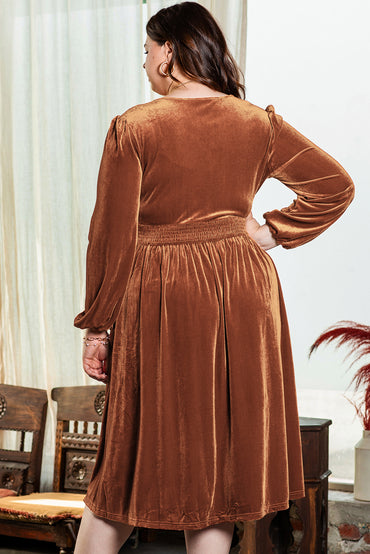 Chic camel velvet dress with surplice V-neck and balloon sleeves