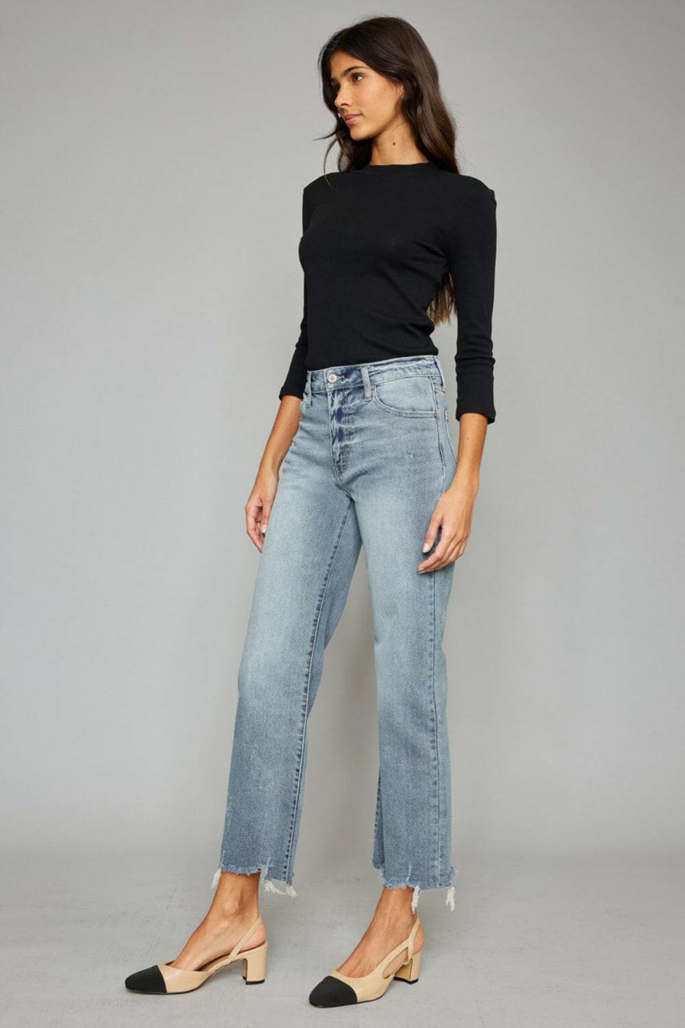 Kancan High Waist Raw Hem Cropped Wide Leg Jeans.