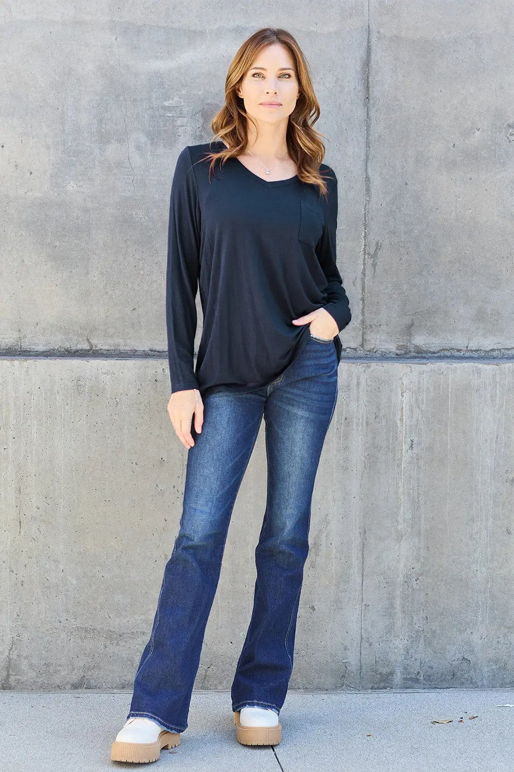 Basic Bae Full Size V-Neck Long Sleeve Top - Love Salve