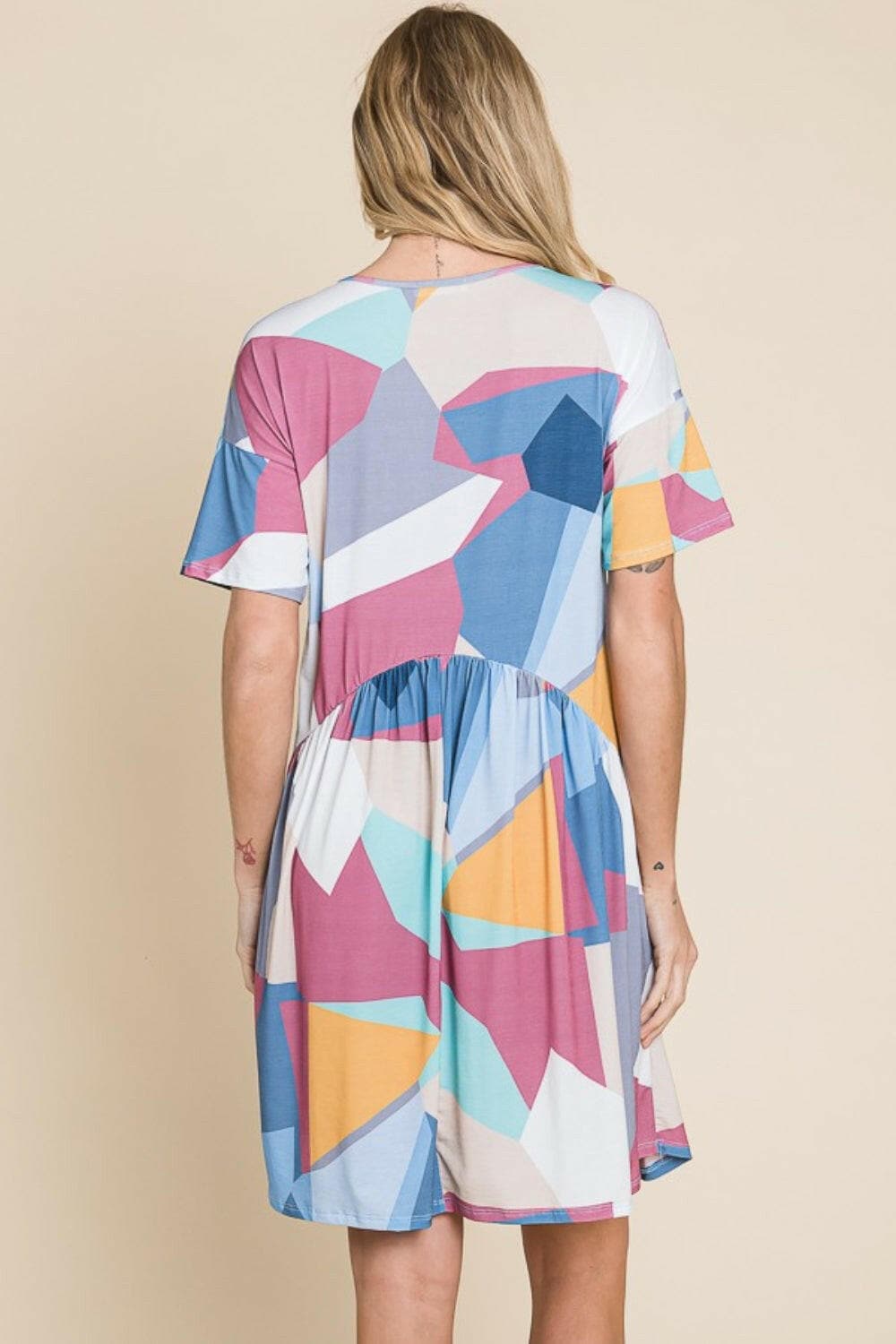 BOMBOM Ruched Color Block Short Sleeve Dress.