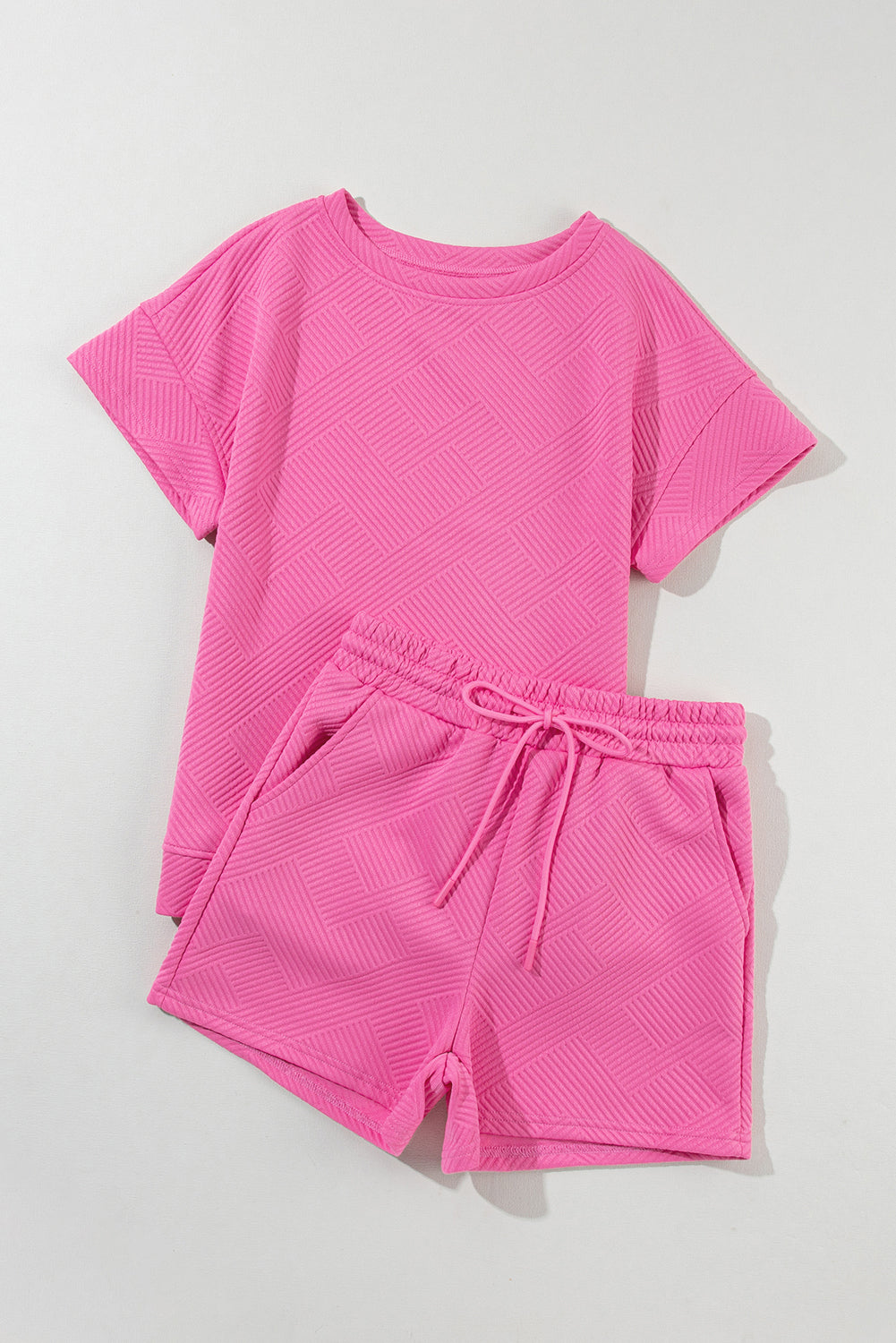 Strawberry pink textured drawstring shorts and top set