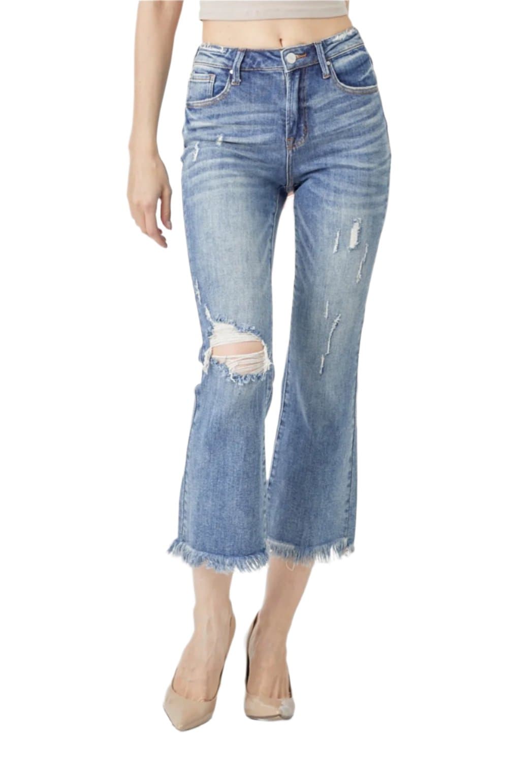 RISEN High Waist Distressed Cropped Bootcut Jeans.