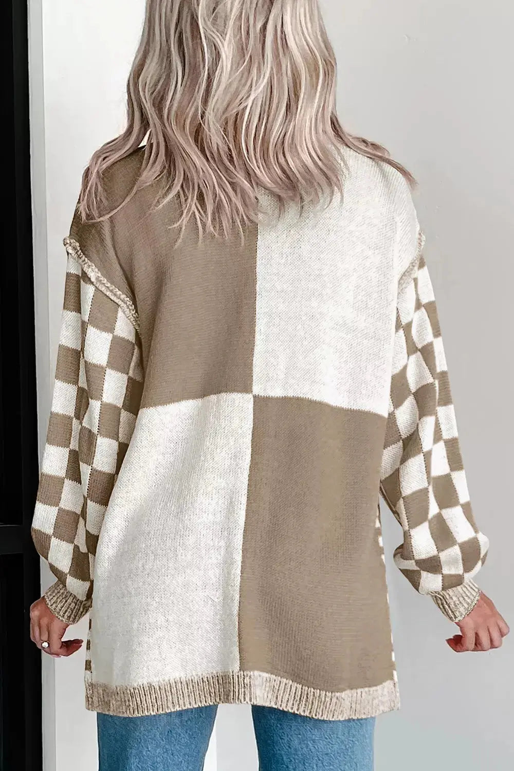 Checkerboard Print Open Front Knit Cardigan Simply Love