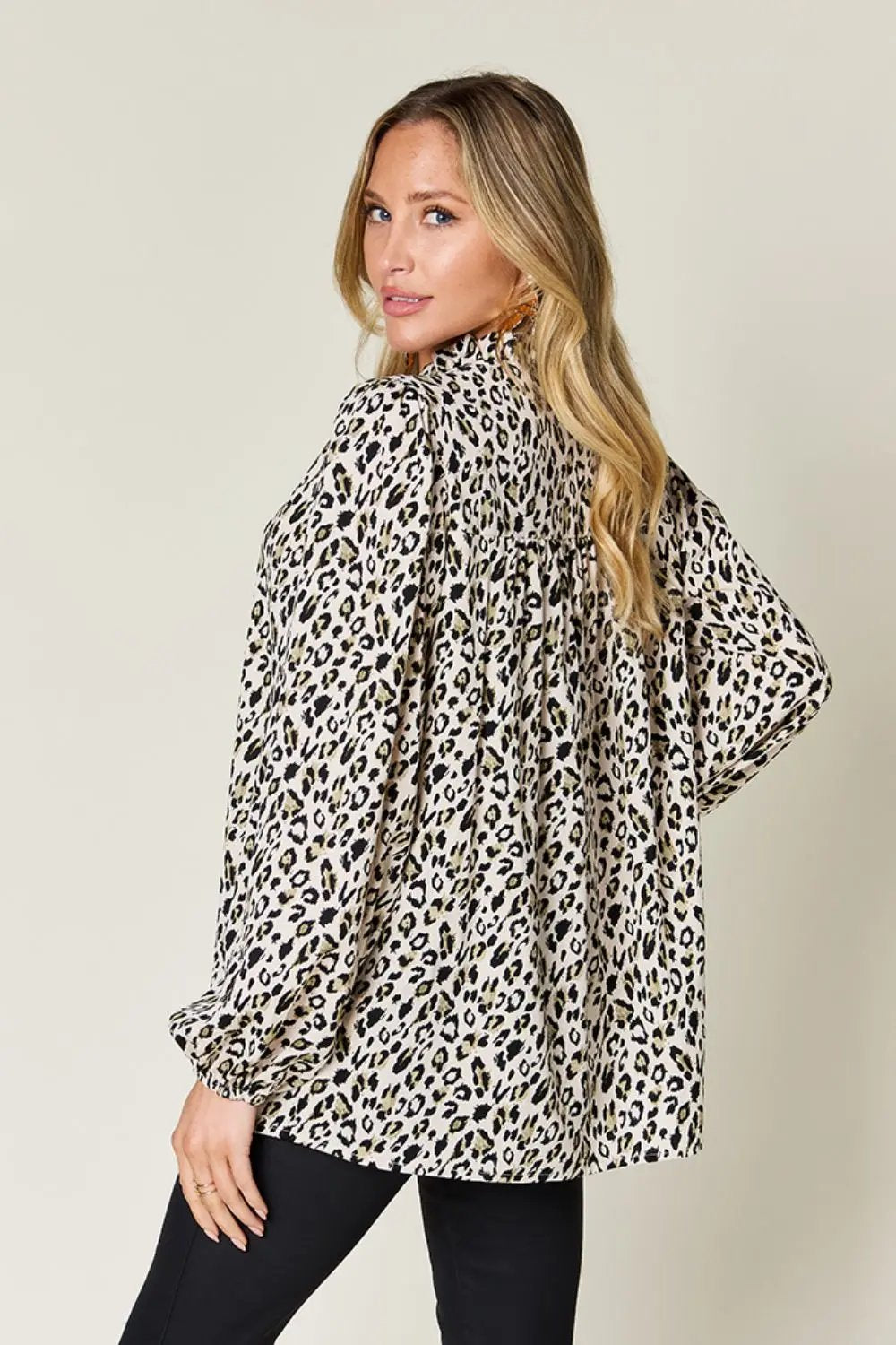 Double Take Full Size Leopard Long Sleeve Blouse - Love Salve