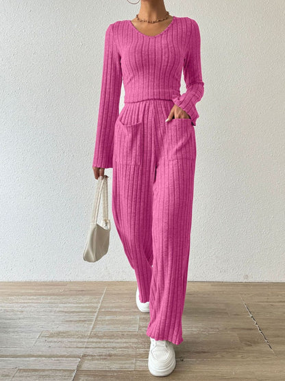 Chic ribbed V-neck long sleeve top and pocketed lounge pants set