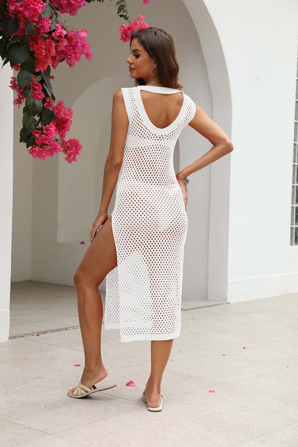 Cutout Openwork Round Neck Sleeveless Cover-Up.