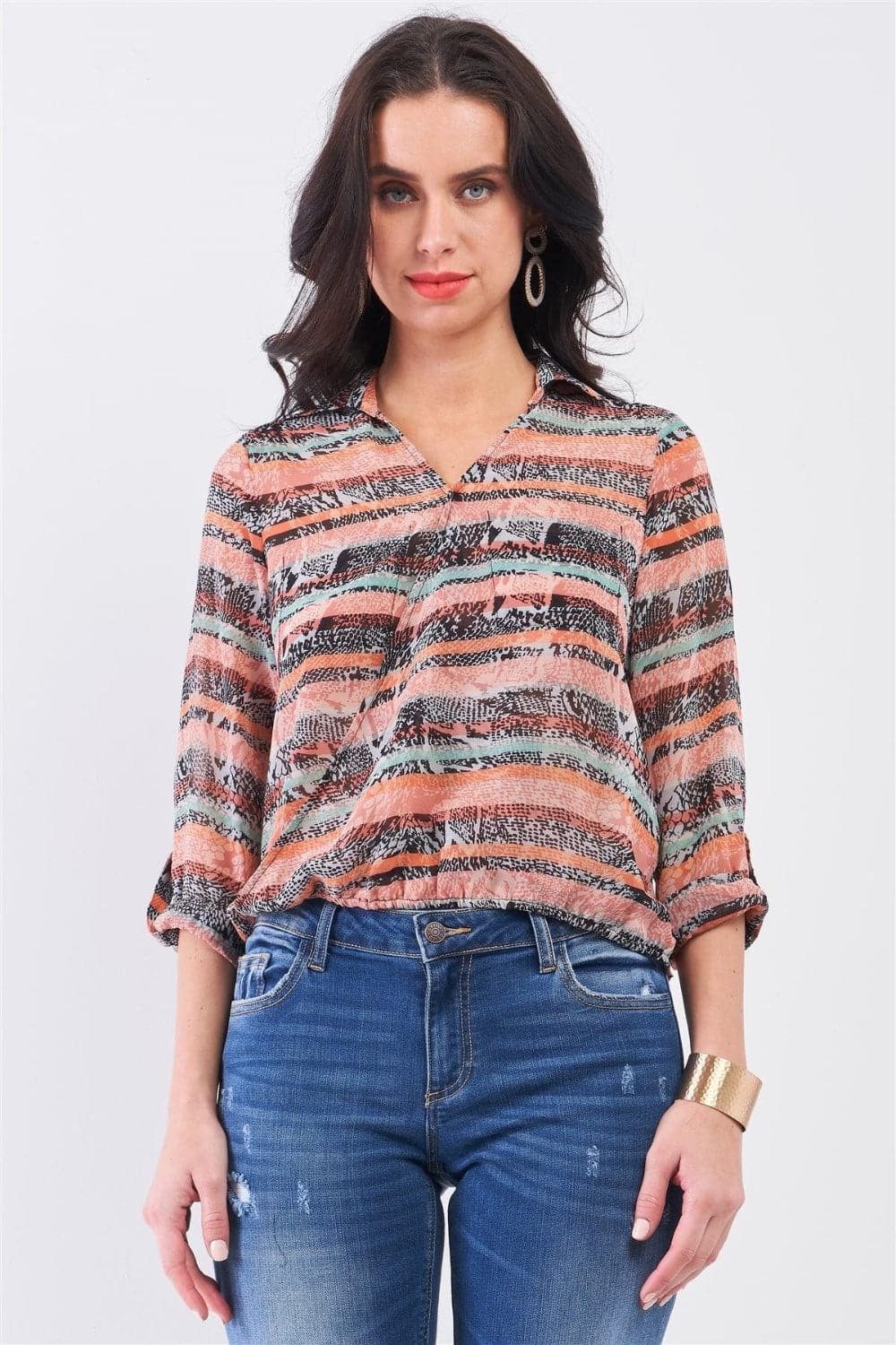 Mono B Cutout Johnny Collar Three-Quarter Sleeve Blouse.