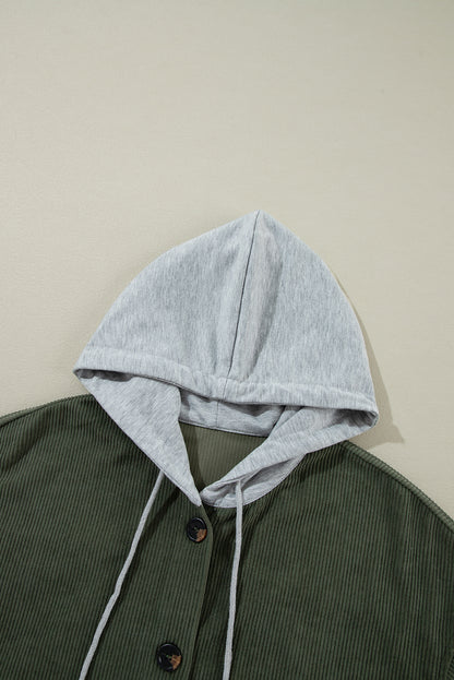 Jungle Green Corduroy Hooded Shacket with Contrast Details