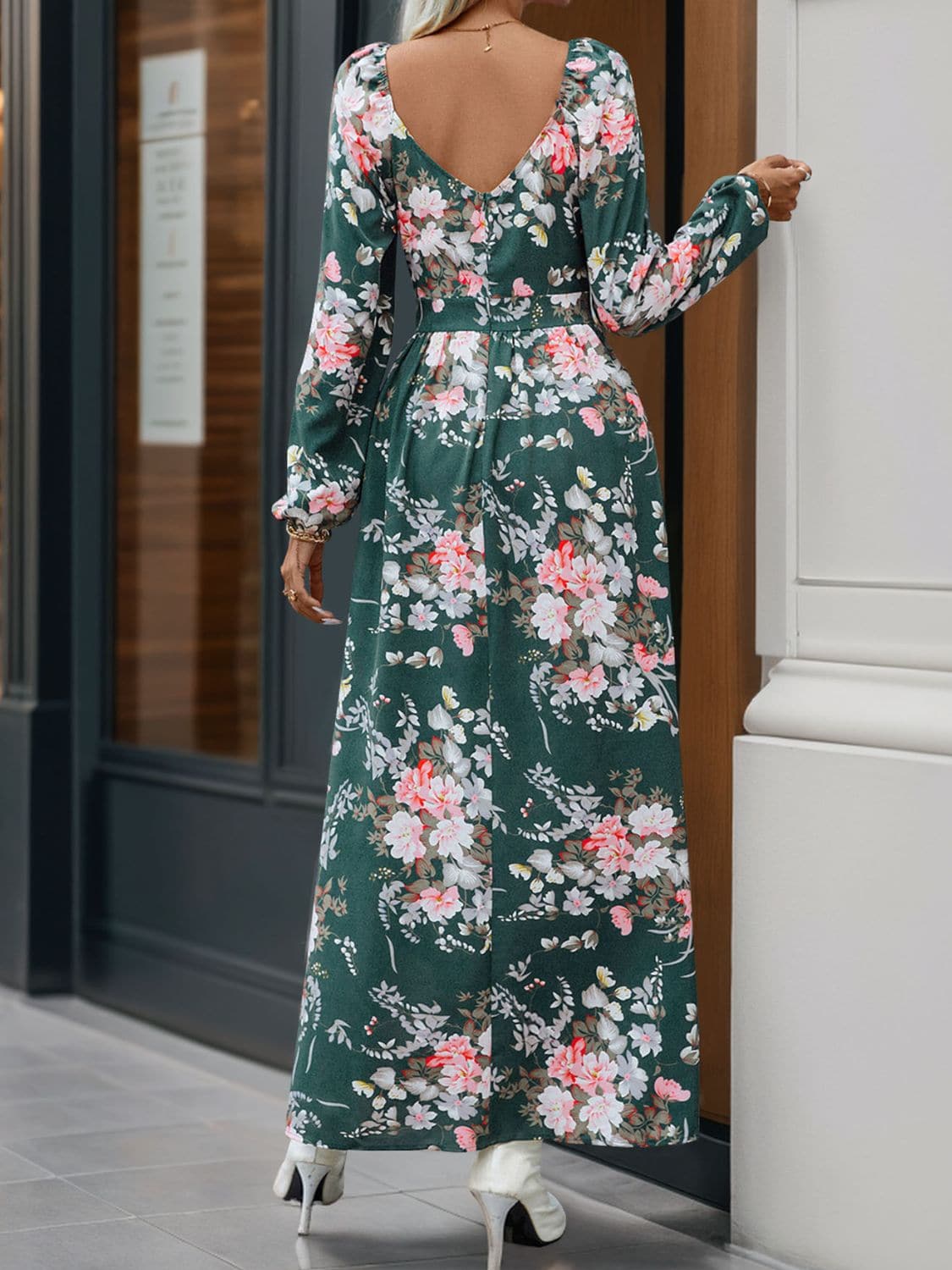 Slit Printed Surplice Long Sleeve Maxi Dress.