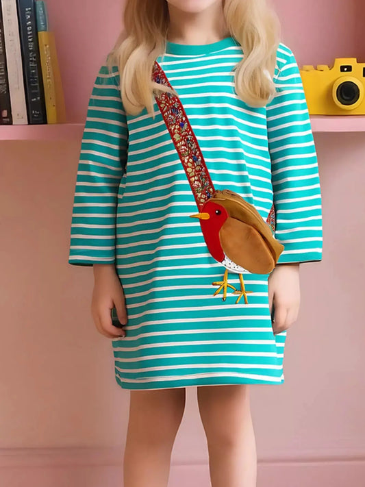 Children's Striped Bird Applique Long Sleeve Dress Simply Love