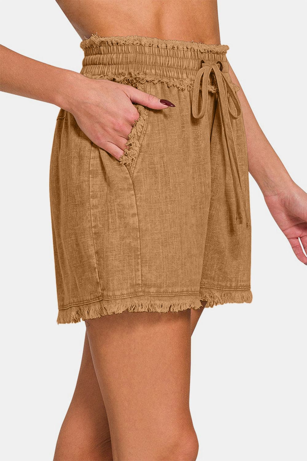 Zenana Washed Linen Frayed Hem Drawstring Shorts.