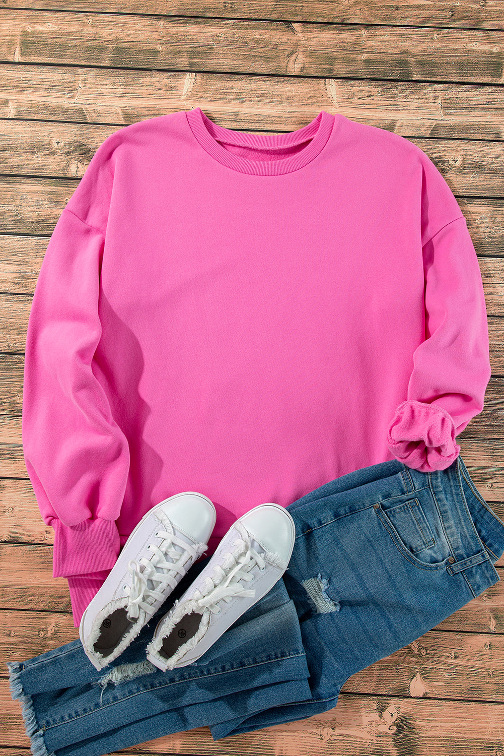 Cozy bonbon fleece-lined drop shoulder sweatshirt with high-low hem