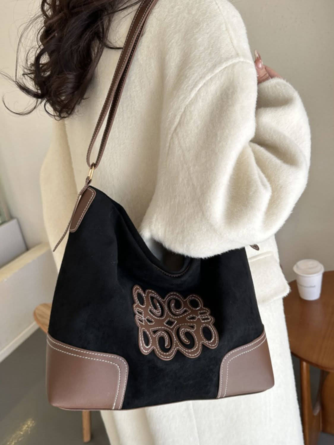 Chic suede patch tote with adjustable straps