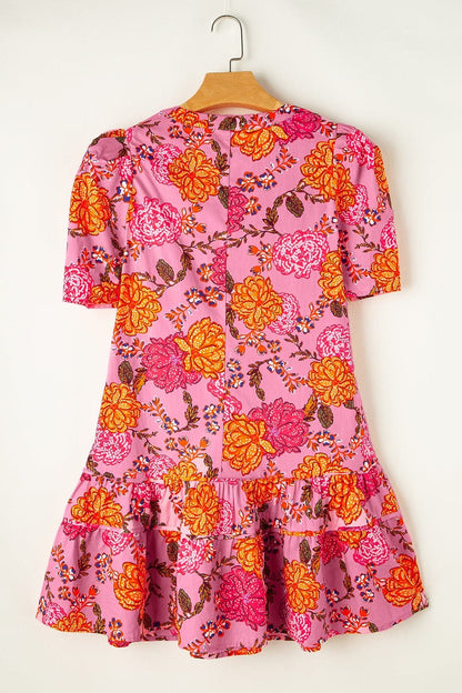 Ruffled Printed Short Sleeve Mini Dress.