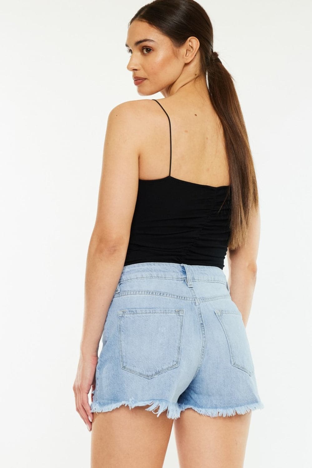 Kancan Raw Hem Distressed High Waist Denim Shorts.