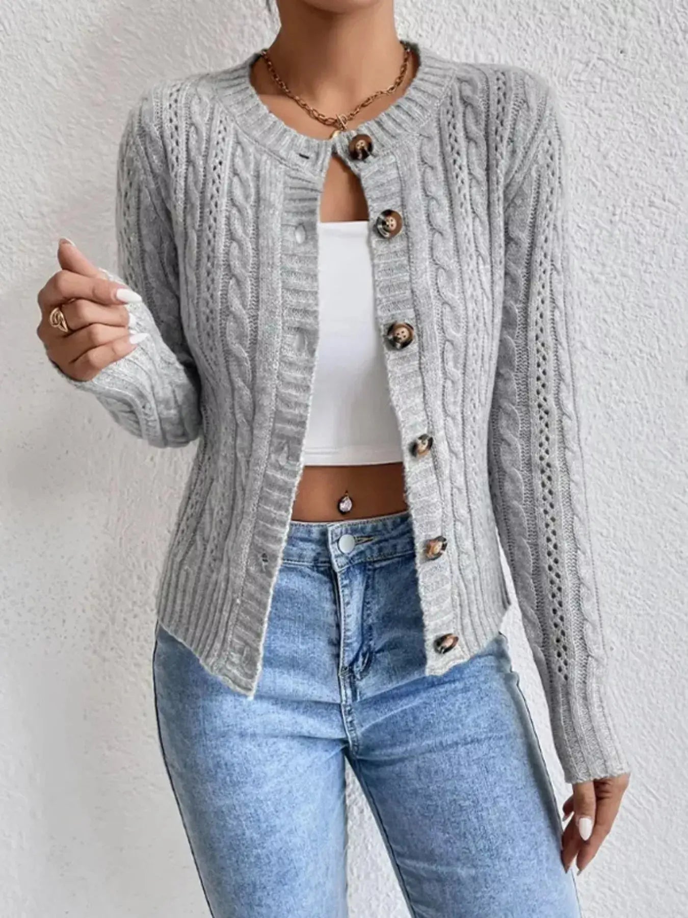 Cable Knit Button-Up Cardigan Simply Love