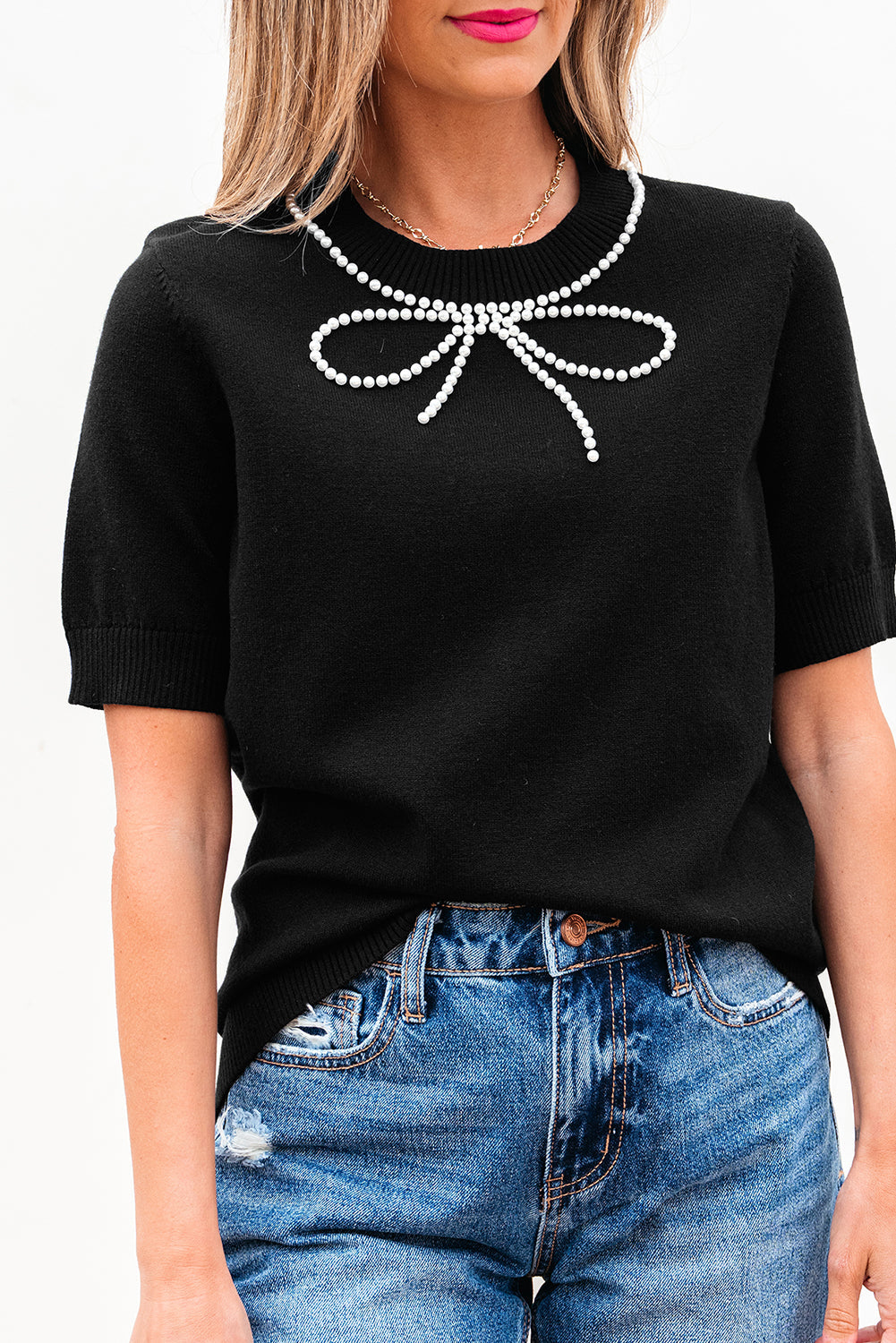 Bria Pearl Bow Short Sleeve Knitted Top for Women - Love Salve 