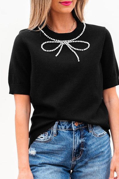 Bria Pearl Bow Short Sleeve Knitted Top for Women - Love Salve 