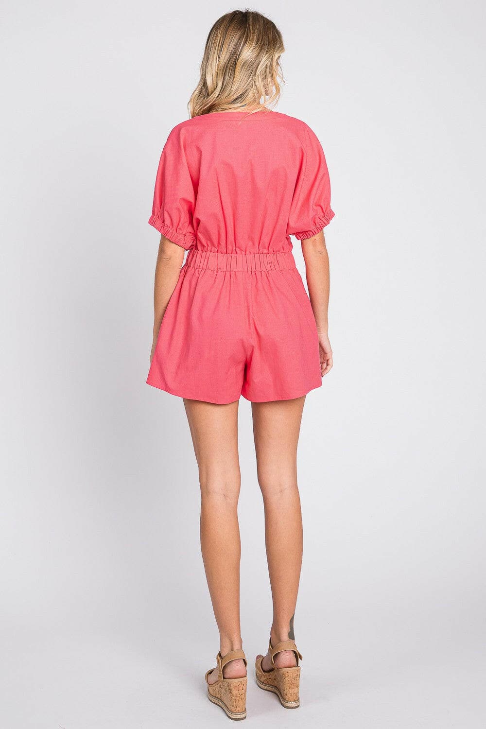 GeeGee Half Button V-Neck Linen Romper.