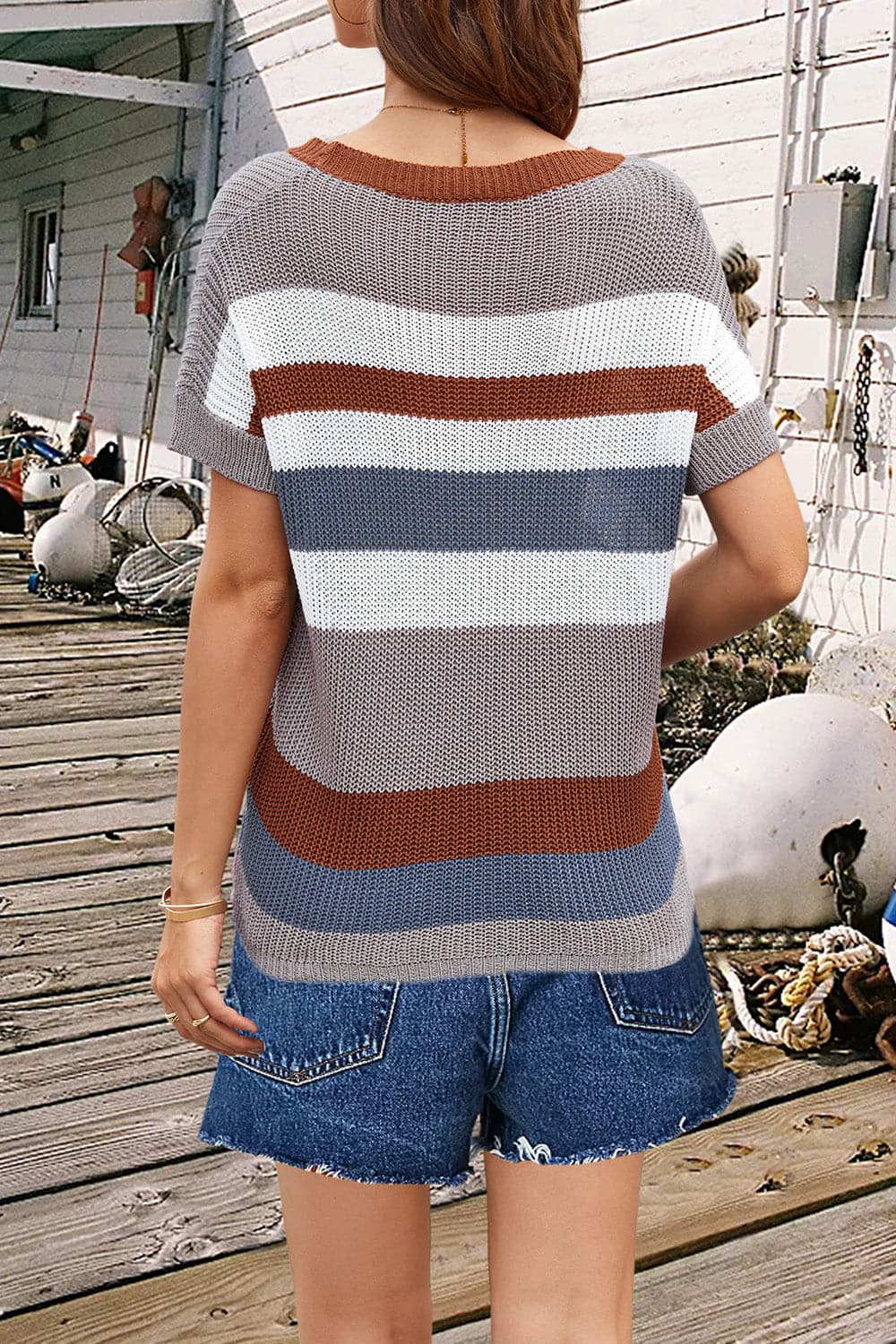 Striped Round Neck Short Sleeve Knit Top.