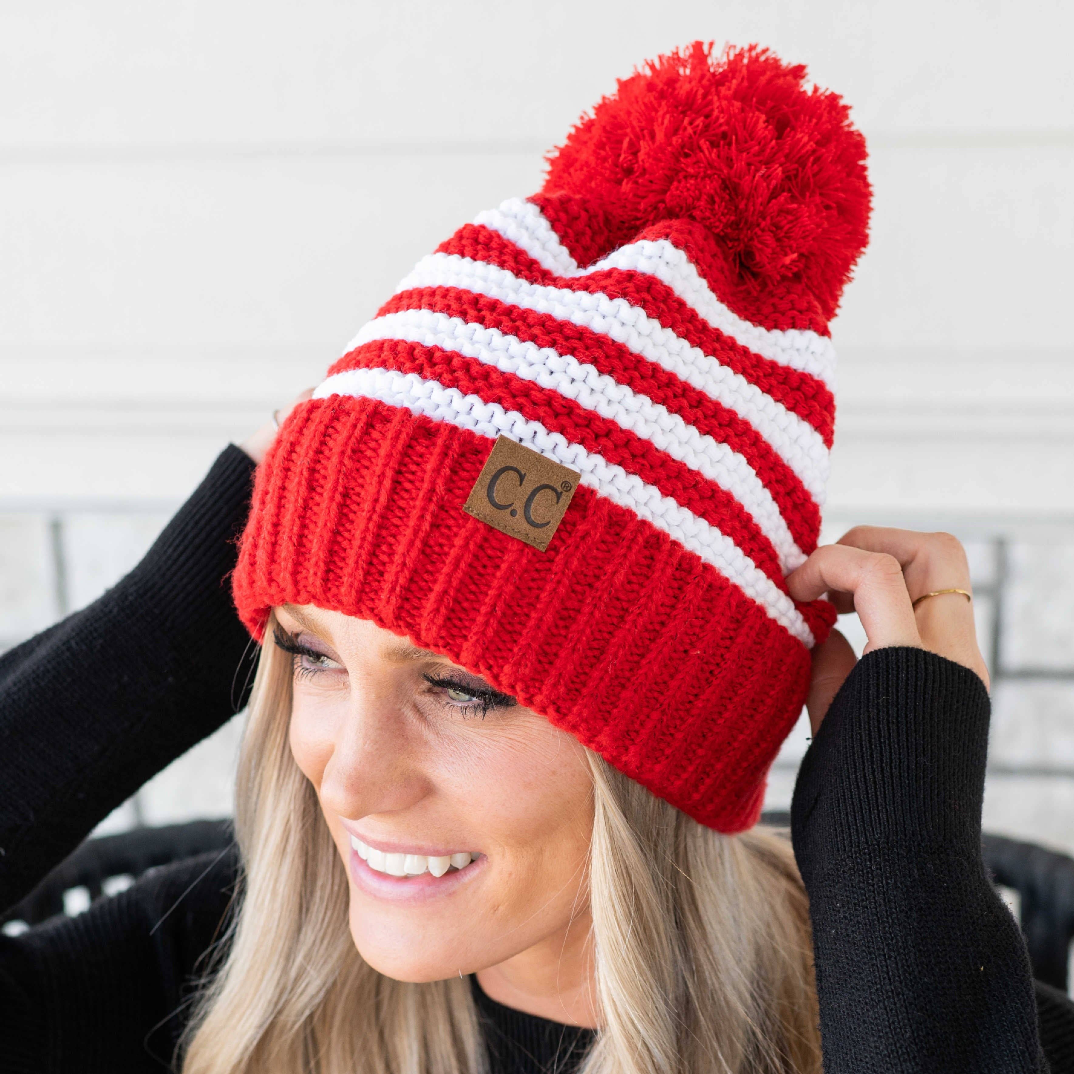 🎅🎄 Candy Cane Cozy! CC Chunky Knit Striped Pom Beanie - Red Coco’s Tee Boutique