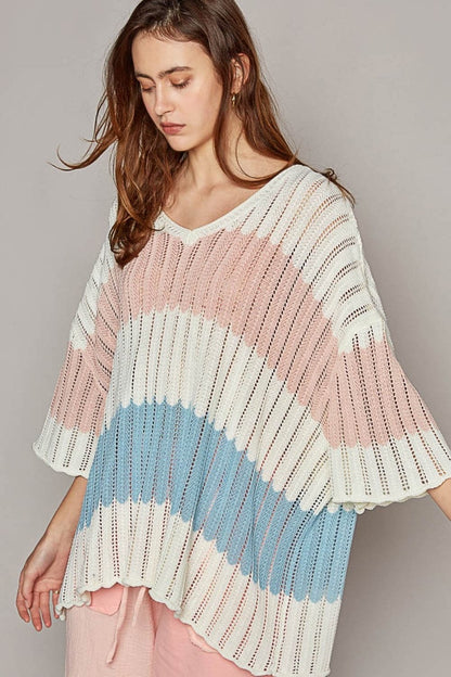 POL V-Neck Short Sleeve Stripe Weave Sweater.