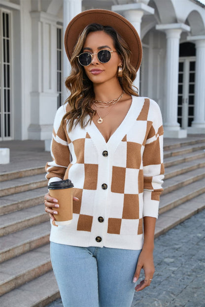 Button-Up V-Neck Dropped Shoulder Cardigan.