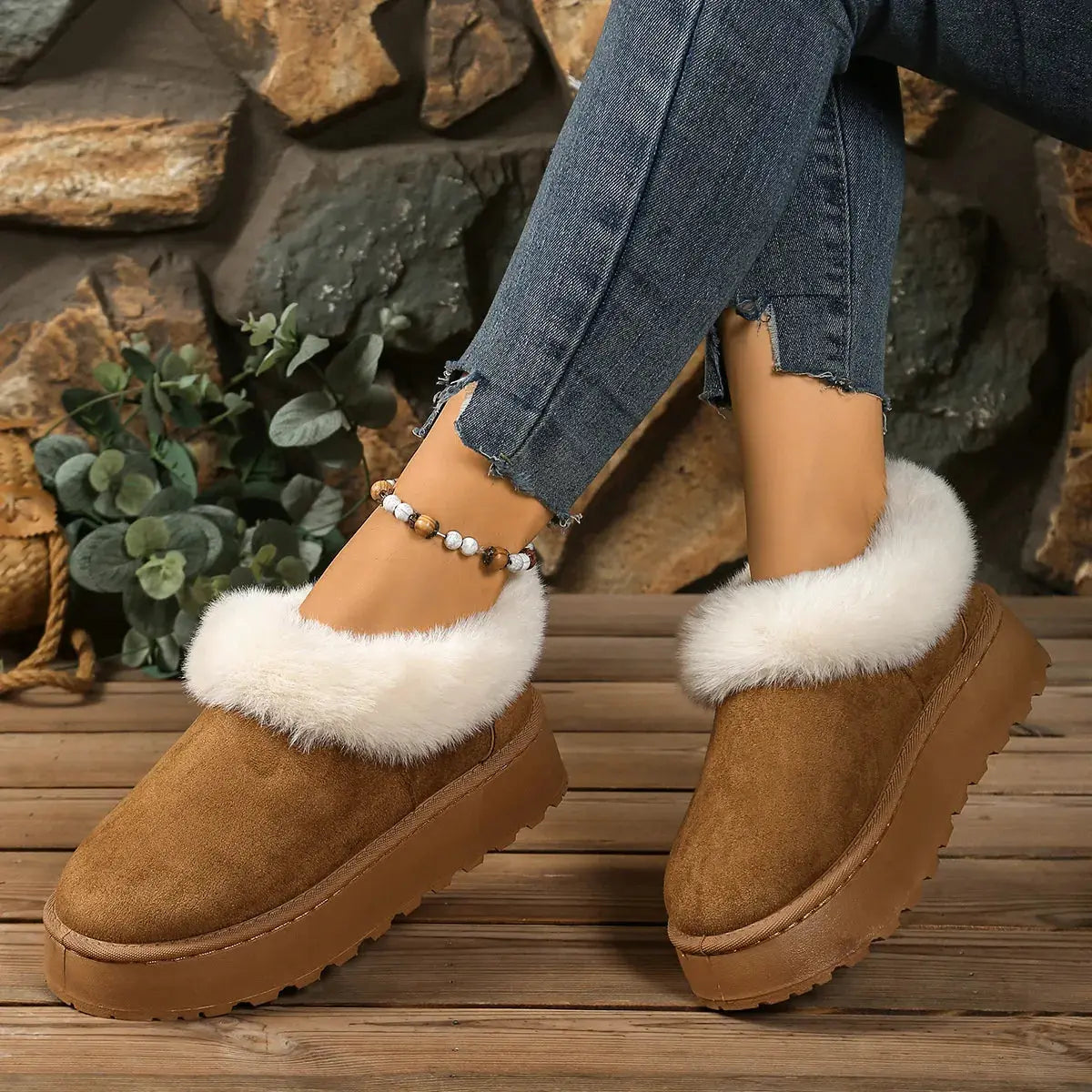 Fuzzy Trim Round Toe Platform Boots Simply Love
