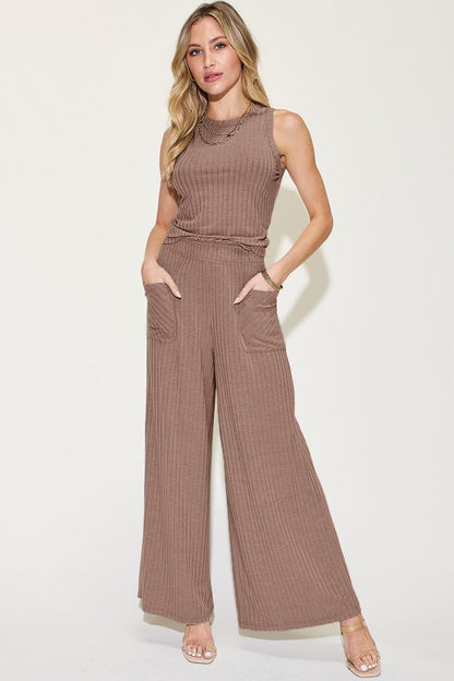 Basic Bae Full Size Ribbed Tank and Wide Leg Pants Set.