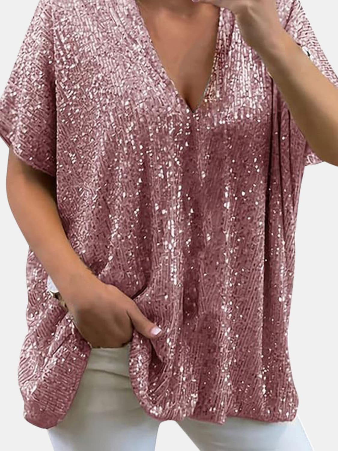 Full Size Sequin V-Neck Short Sleeve Top.