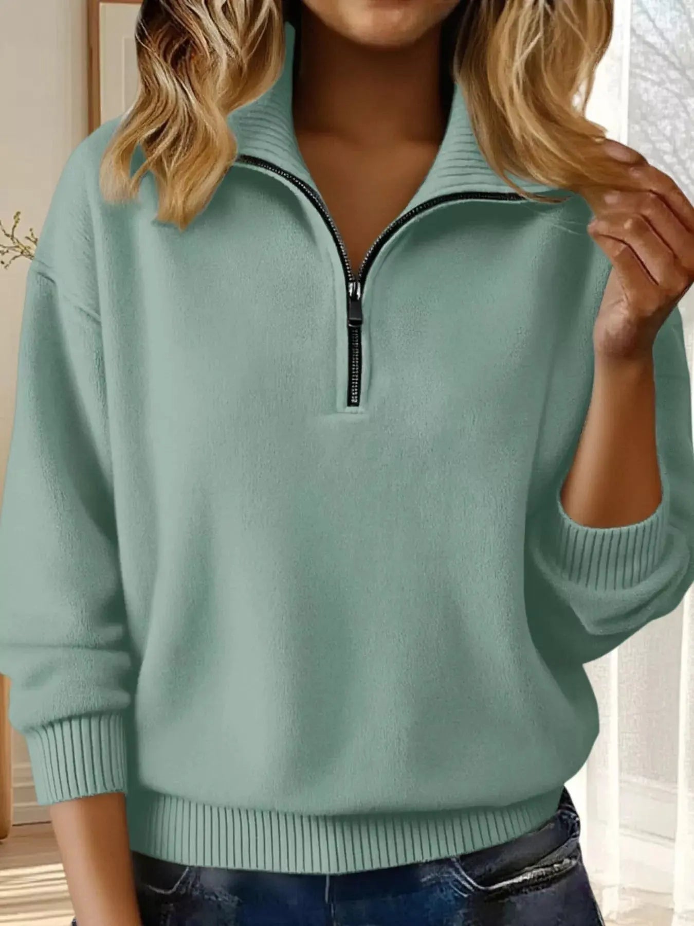 Full Size Half Zip Dropped Shoulder Sweater Plus Size Simply Love