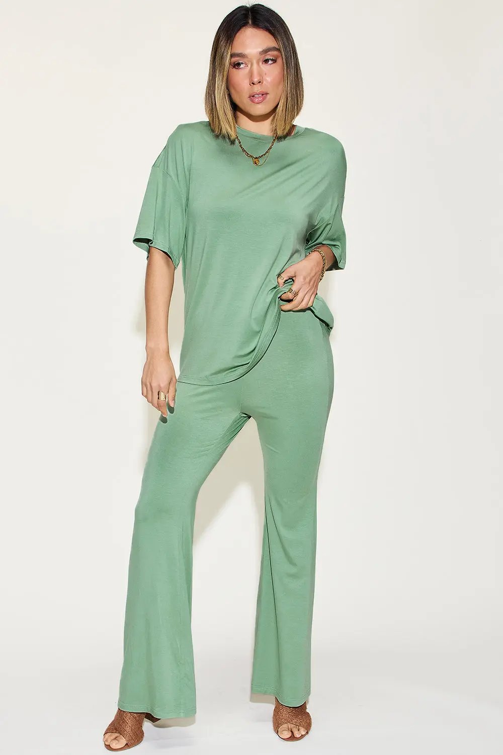 Basic Bae Full Size Bamboo Drop Shoulder T-Shirt and Flare Pants Set - Love Salve