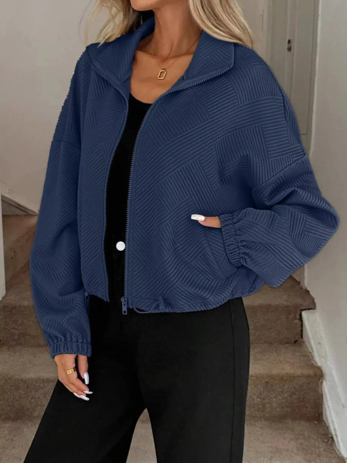 Textured Zip-Up Drawstring Hem Jacket Simply Love