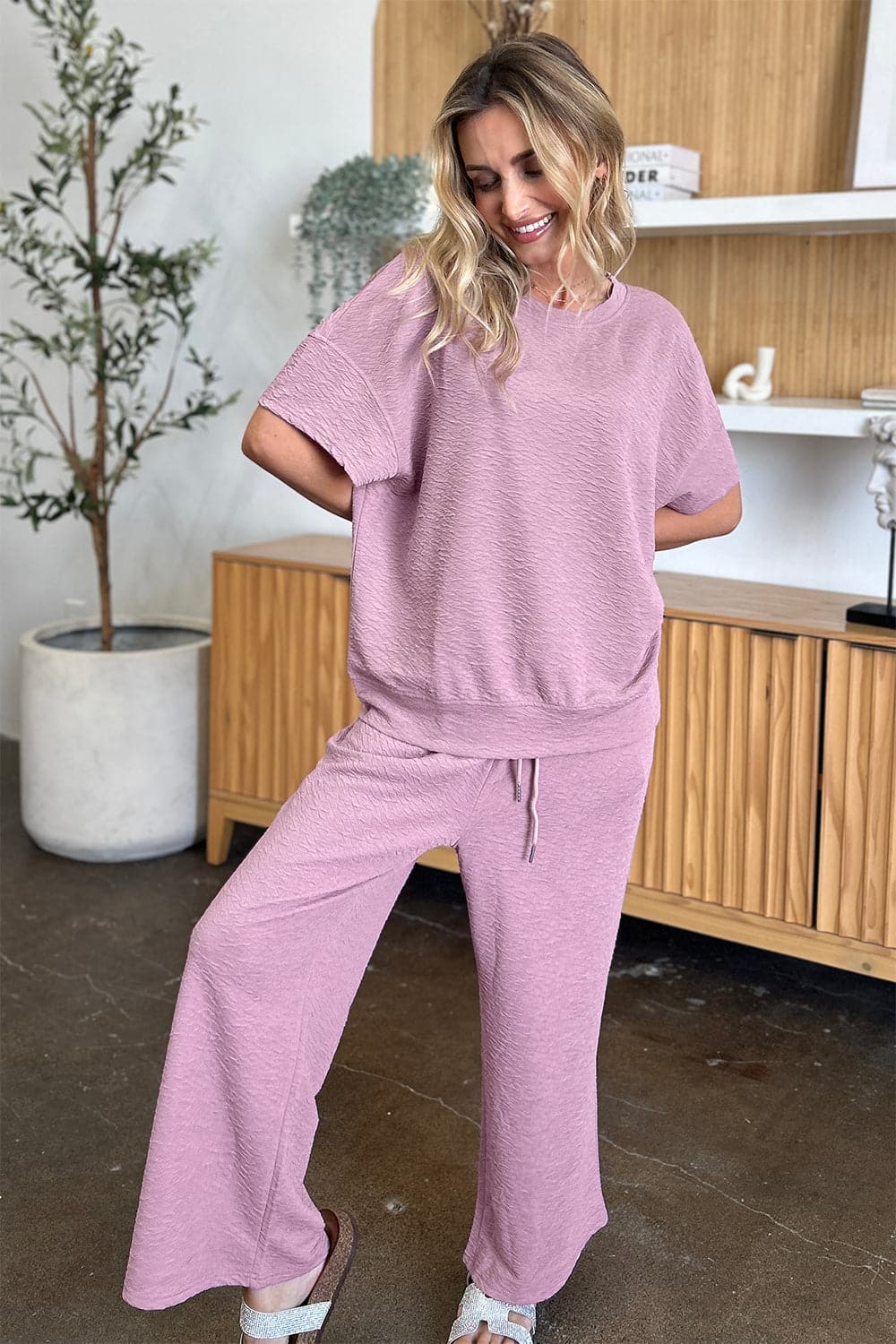 Double Take Full Size Texture Short Sleeve Top and Pants Set.