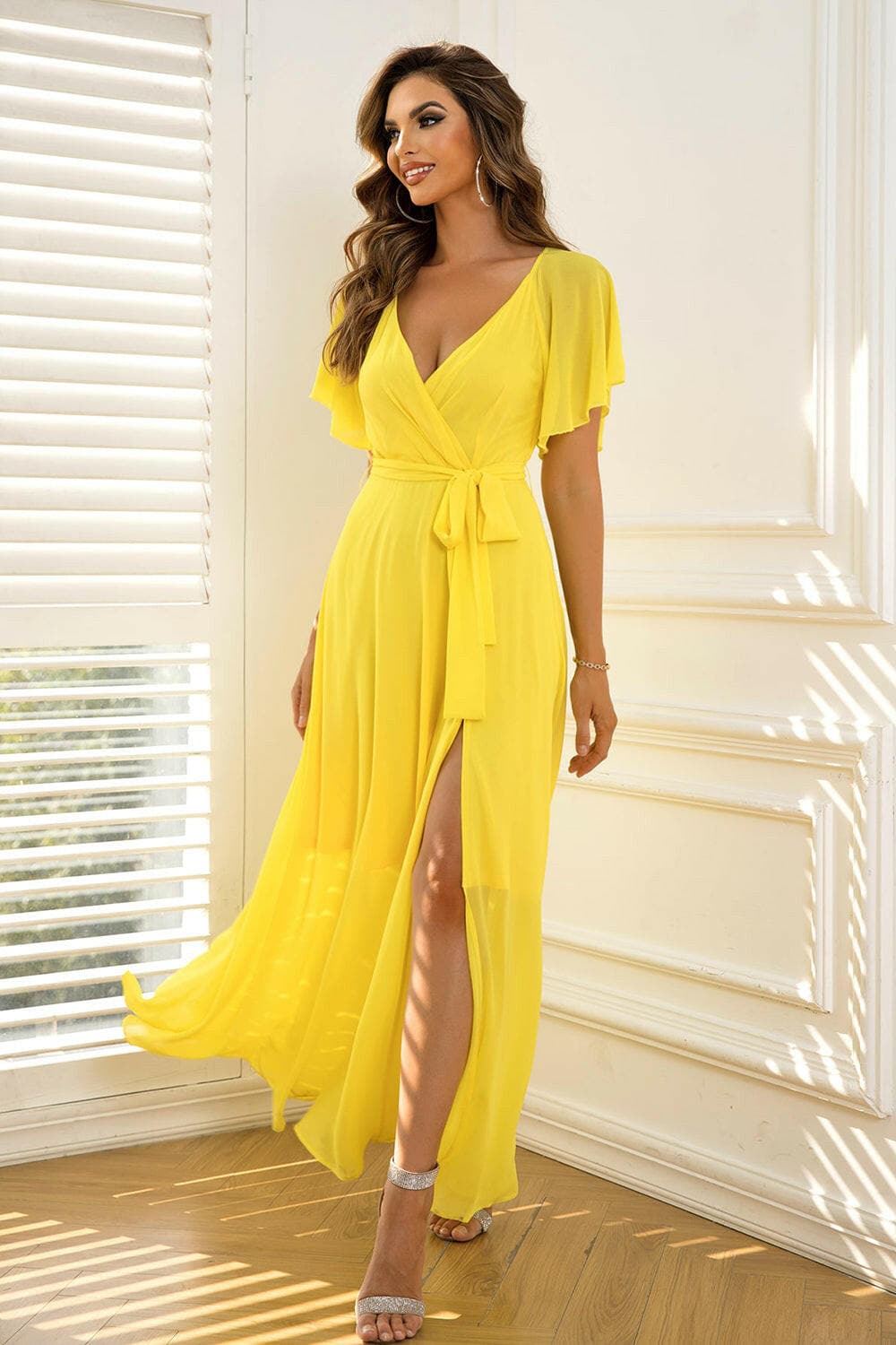 Tie Waist Flutter Sleeve Maxi Dress.