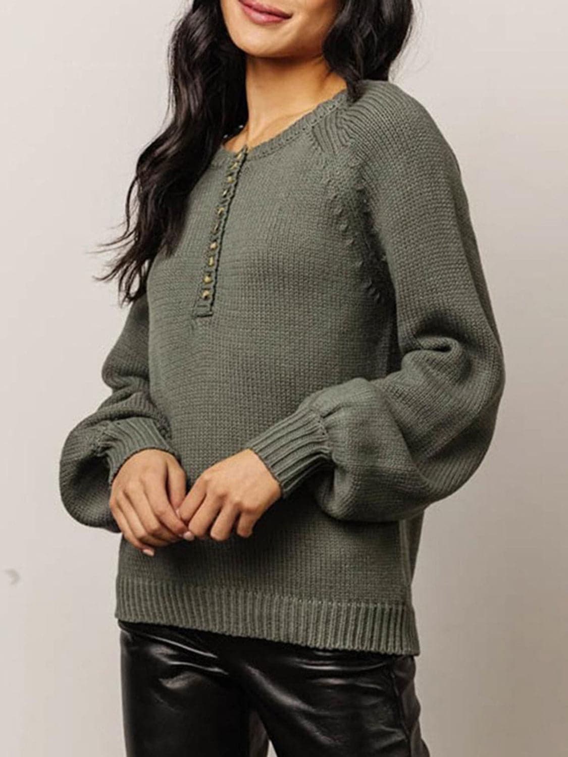 Buttoned Round Neck Long Sleeve Sweater.