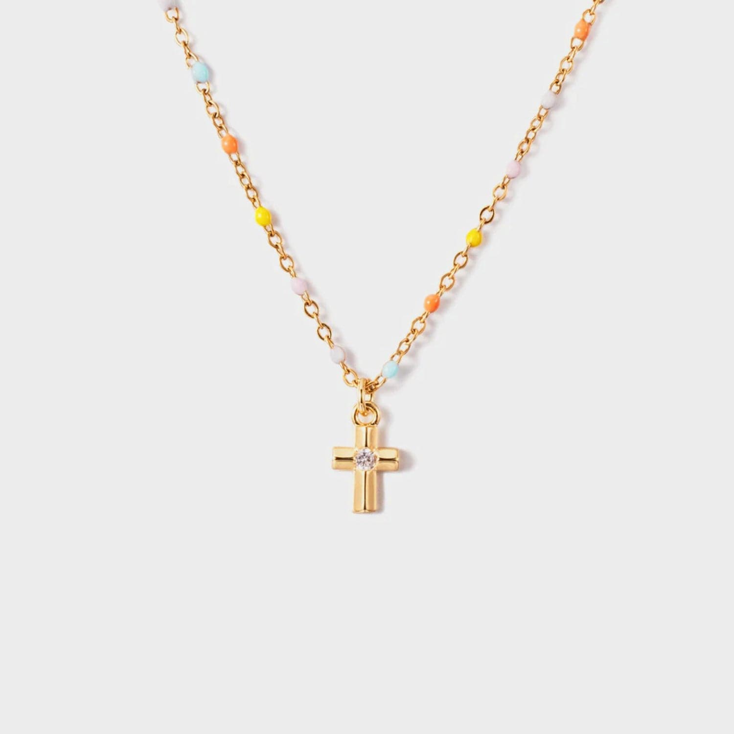 Inlaid Zircon 18K Gold-Plated Cross Bead Necklace.