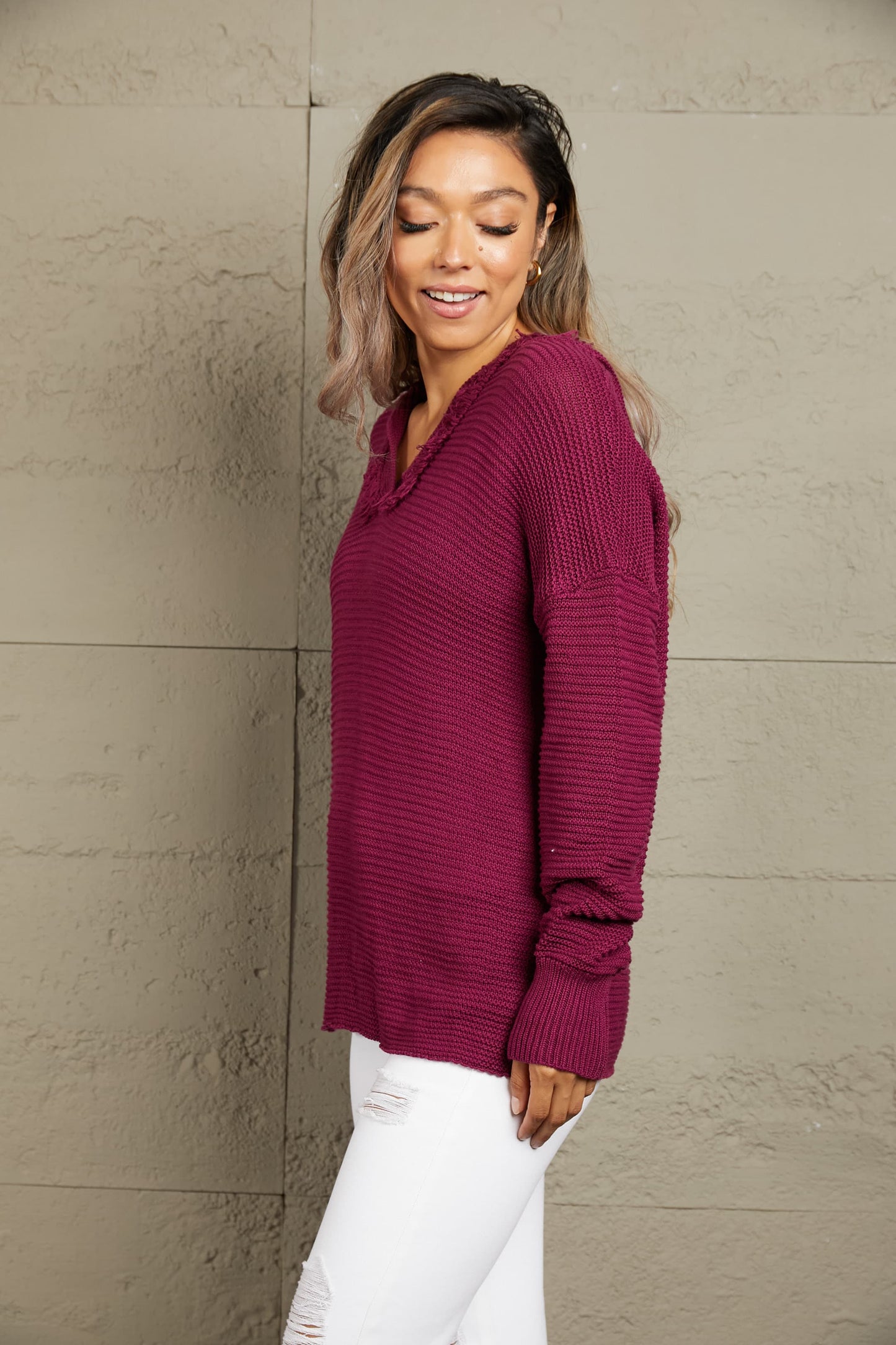 Woven Right Horizontal Ribbing Fringe Trim Hooded Sweater.