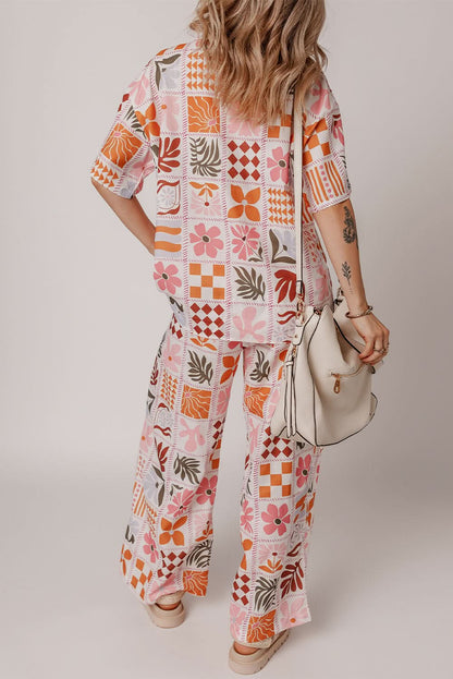 Trendy Orange Checkered Print Collared Shirt and Relaxed Wide Leg Pants Ensemble