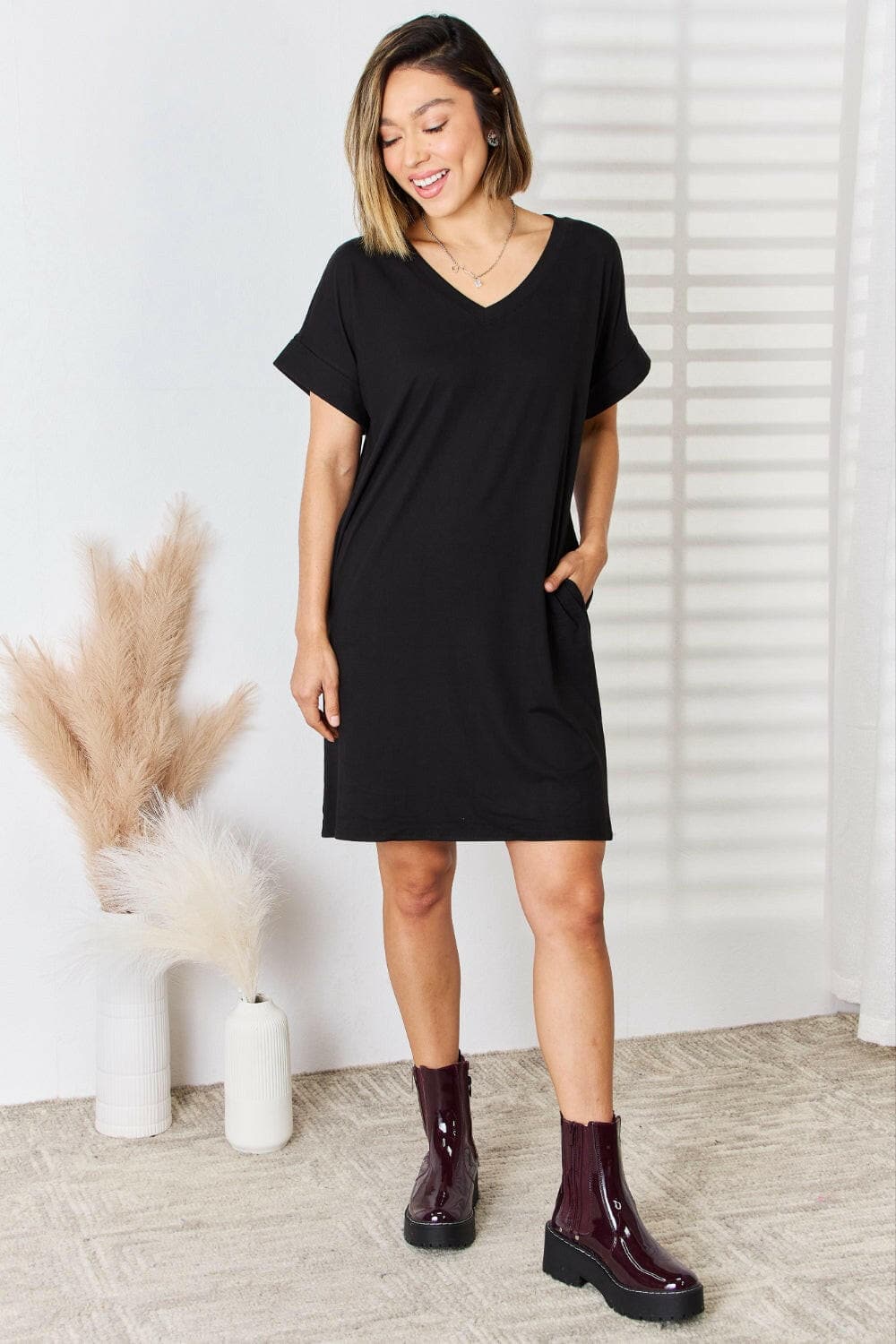 Zenana Full Size Rolled Short Sleeve V-Neck Dress.