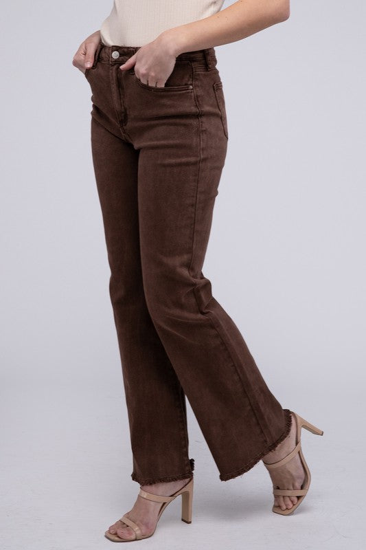 Trendy acid wash frayed hem wide-leg pants