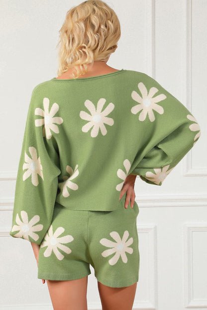 Flower Pattern Long Sleeve Sweater and Drawstring Shorts Set.