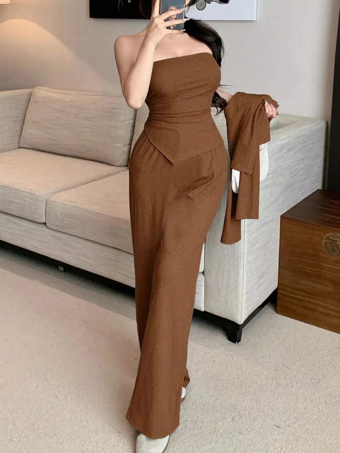 Brown Three Piece Tube Top Cardigan Wide Leg Pants Set Simply Love