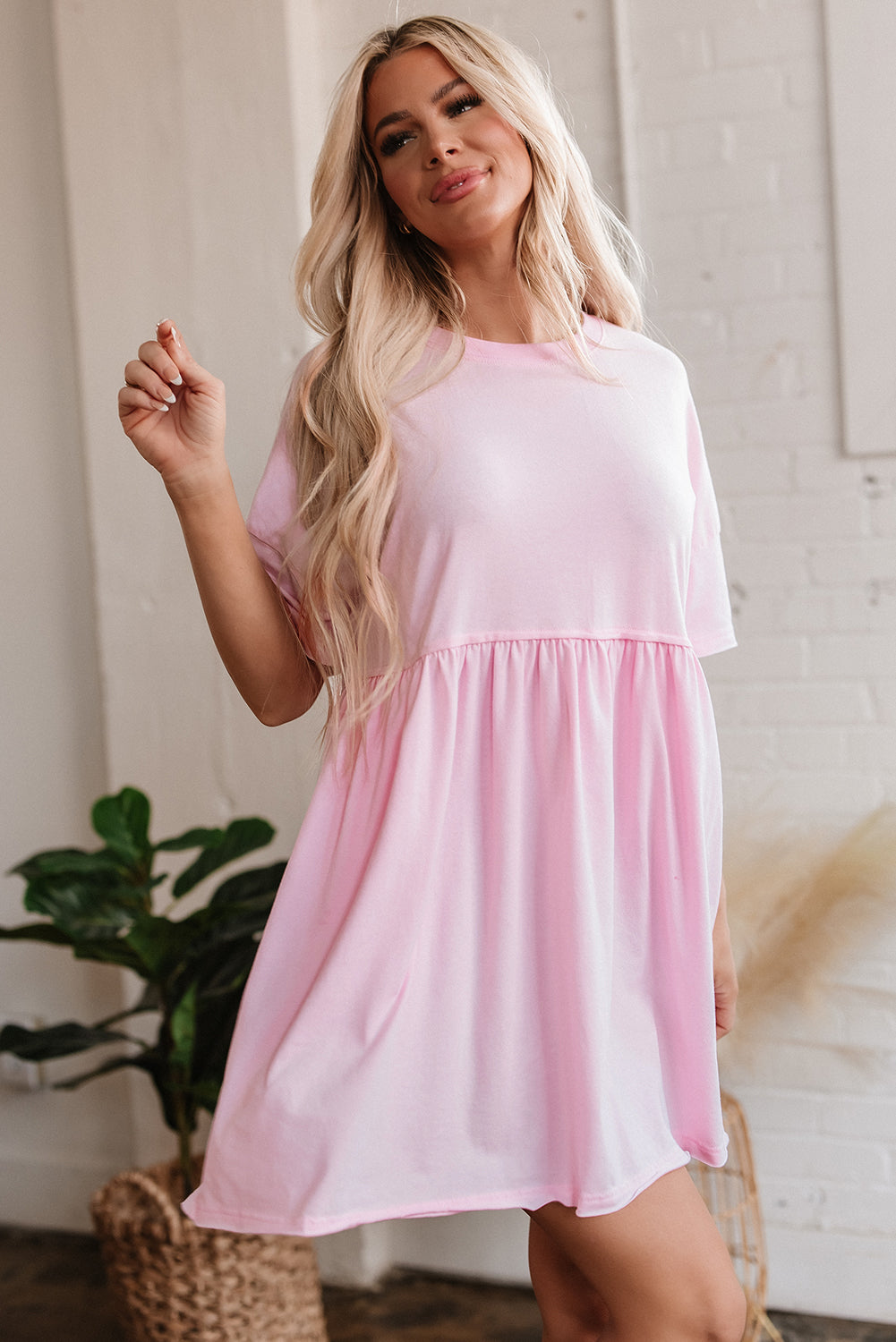 Light Pink Solid Color Pocketed Raw Edge Babydoll Dress