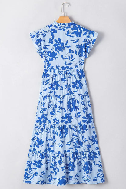 Floral Print Tiered Frilled Trim Flutter Sleeve Dress